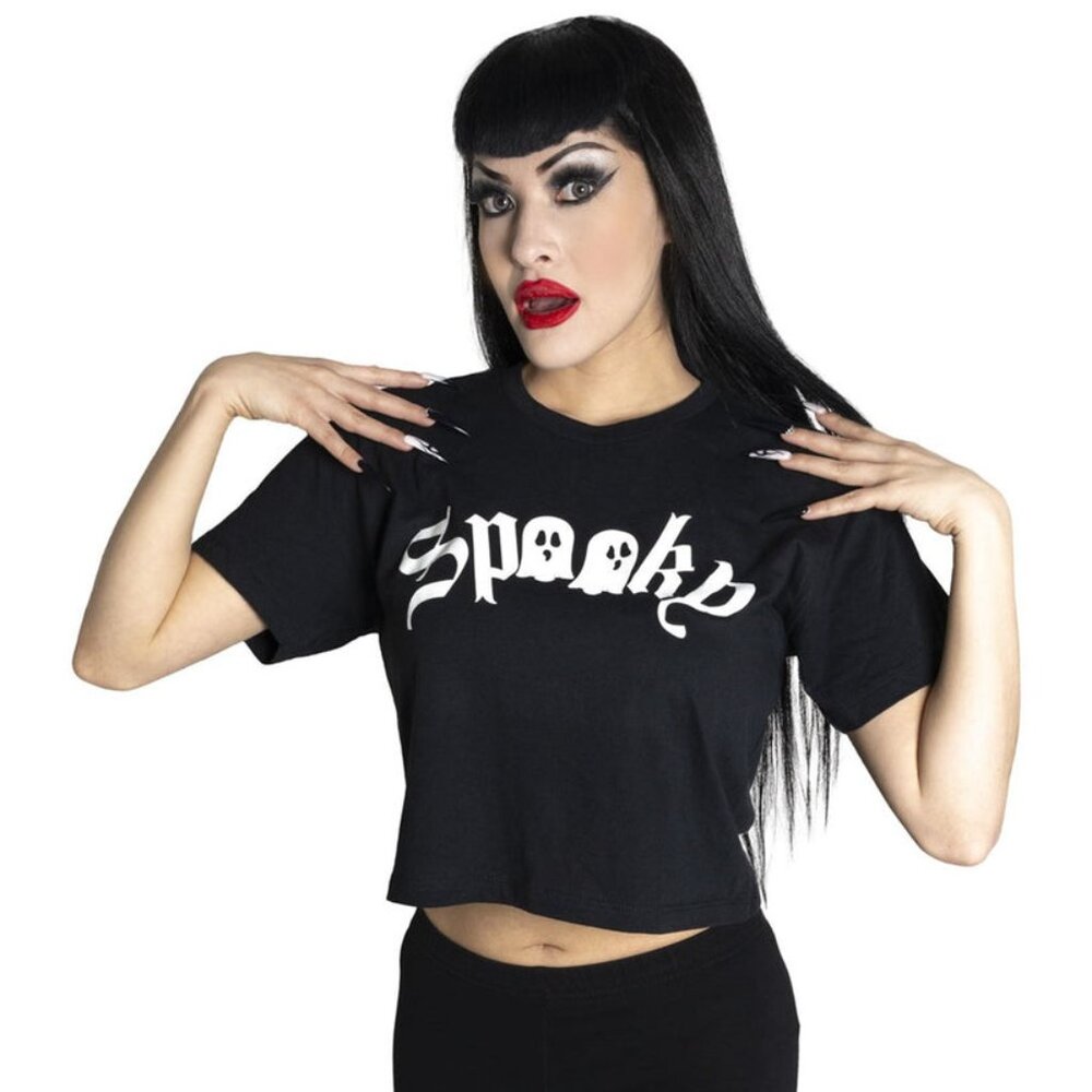 Spooky Ghost Glow in Dark Black Loose Fit Crop Top Tee S-M-L-XL-2XL-3XL NWT - Picture 3 of 4